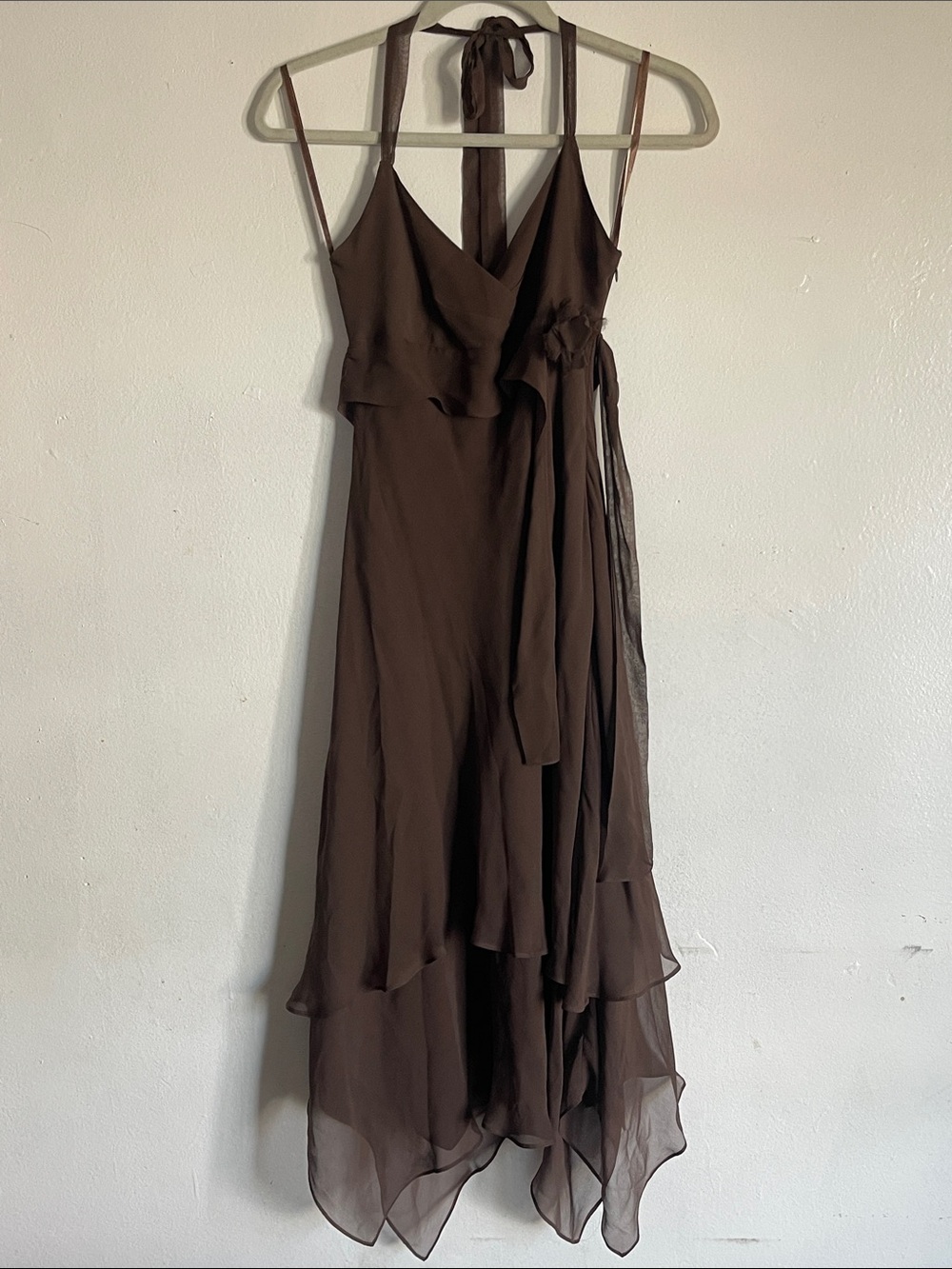 BCBG Max Azria 100% Silk Brown Halter Handkerchief Hem Cocktail Dress Size 6